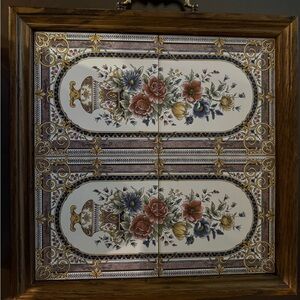Decorative Dutch Floral Serving Tray in Wood Frame